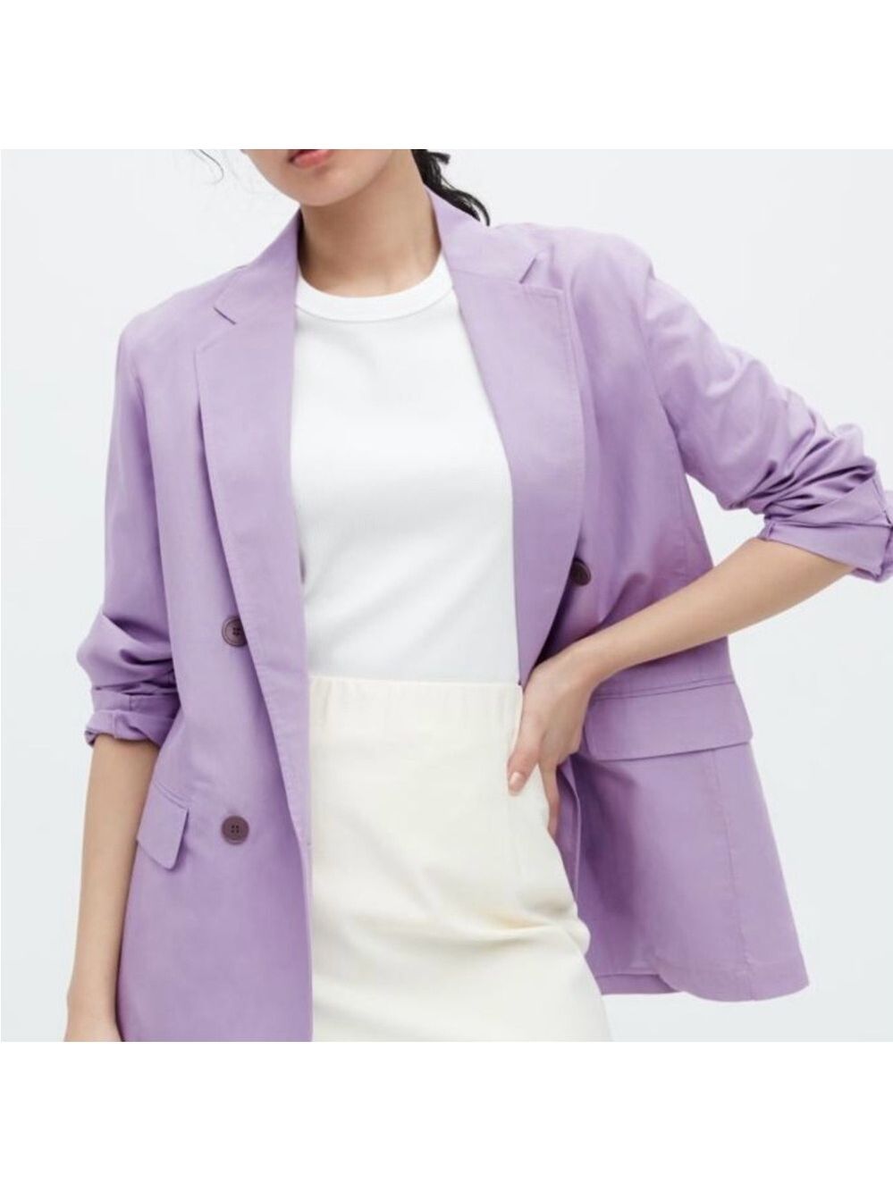 UNIQLO Rayon Linen Blend Lavender Double Breasted Unlined Blazer US Sz S